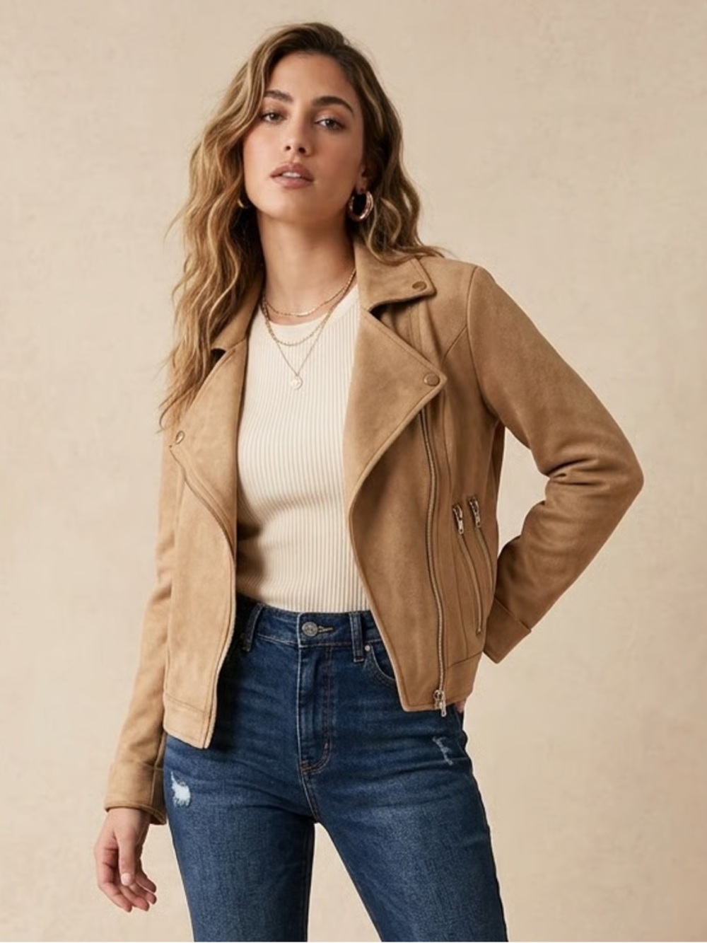 ALYA | Tan Faux Suede Microfiber Short Moto Jacket Sz M